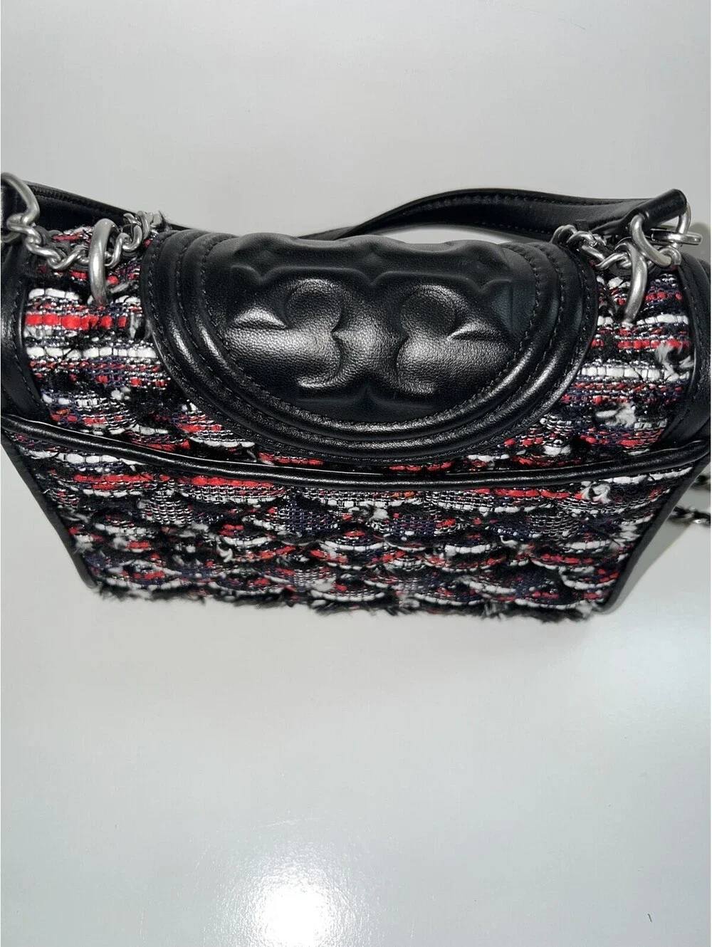 TORY BURCH Leather Logo Tweed Chain Crossbody Bag Women Black Tassel Charm